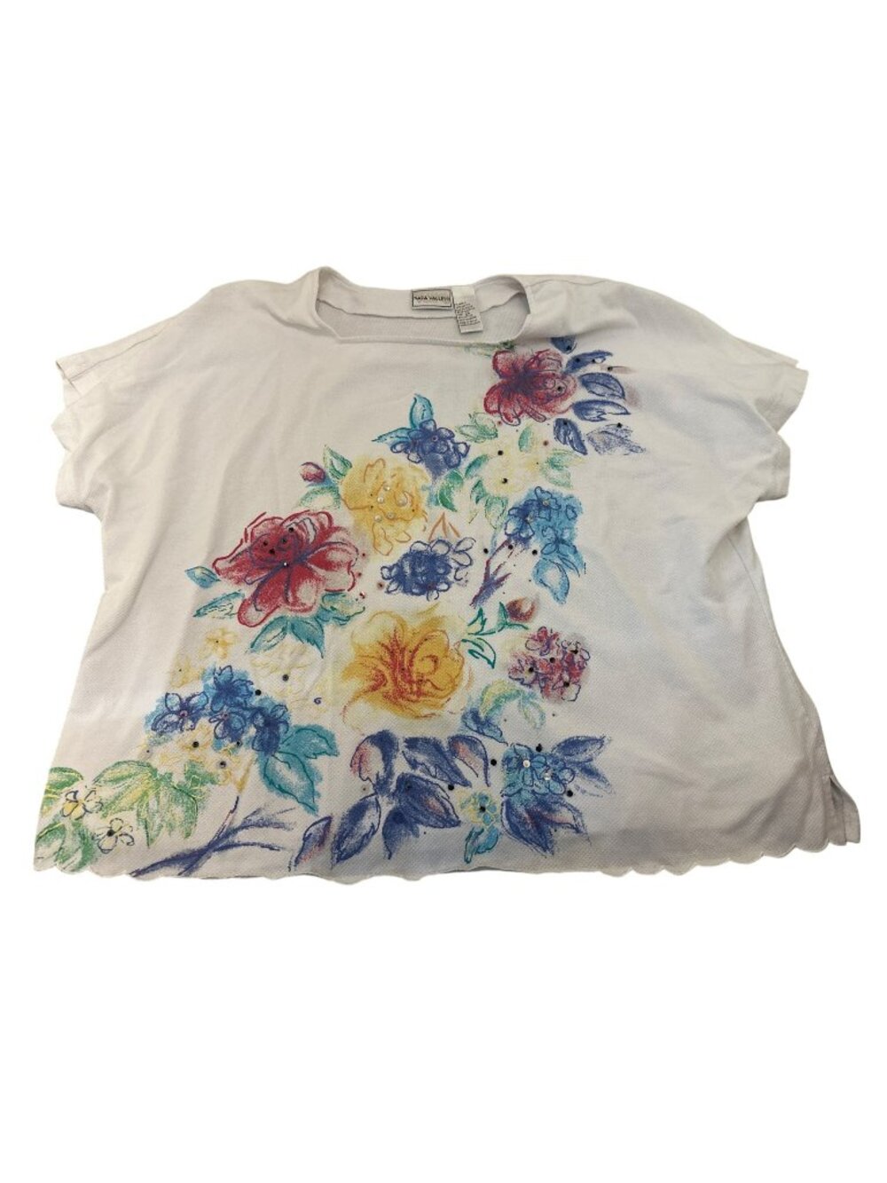 VTG Napa Valley Womens Top Shirt 2X White Floral Short-Sleeve Rhinestones Artsy